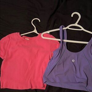 Pink Tee and Purple Lululemon Sports top